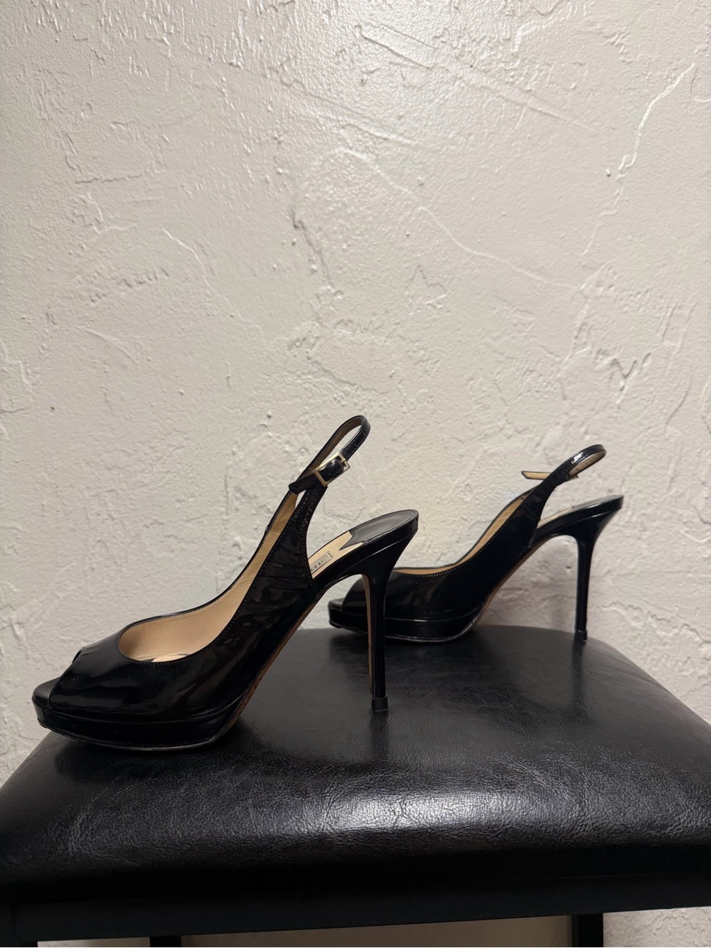 Jimmy Choo Black Patent Leather Peep-Toe Slingback Heels - Picture 2 of 15